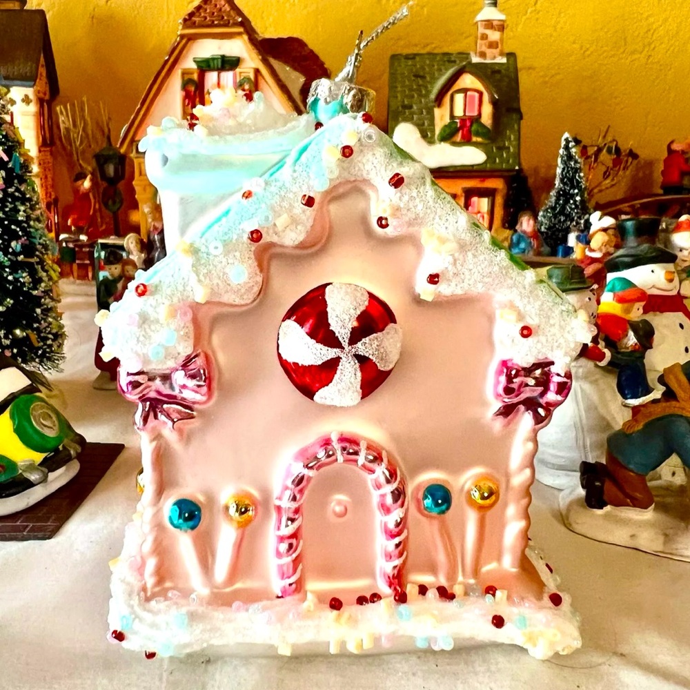 Pink Glass Gingerbread House Christmas Ornament Icing Snow